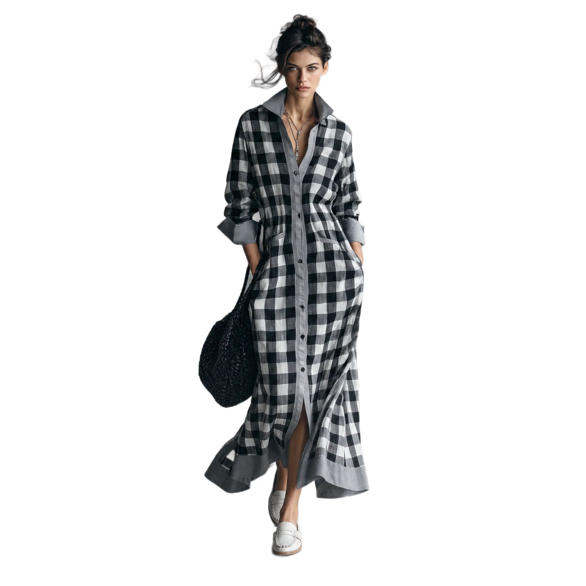 Kariertes Langarm-Hemdblusenkleid für Damen