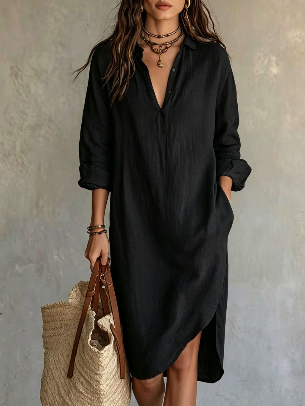 Leinen-Bluse Kleid mit Schlitz