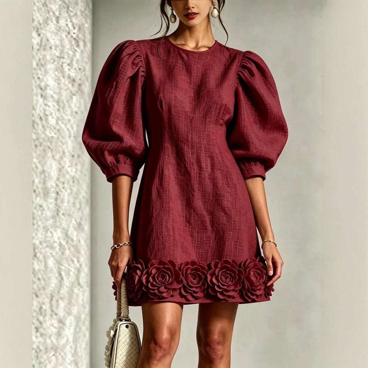 Dreidimensionales Blumenkleid mit Puffärmel – Bild 2 | LuxeStyle