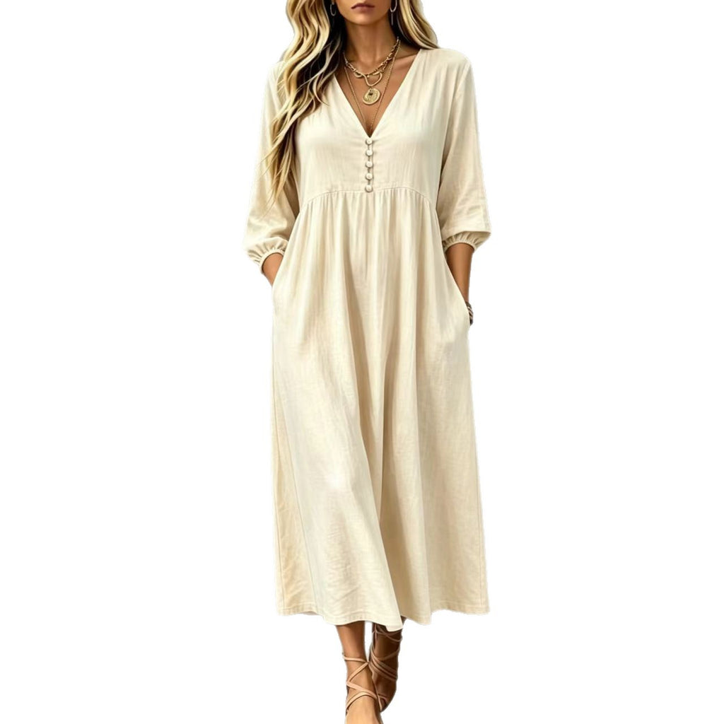 Midi-Kleid mit V-Ausschnitt und Knöpfen – Bild 2 | LuxeStyle