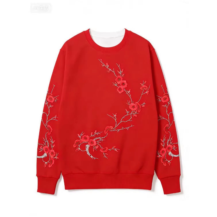 Schwarzes Sweatshirt mit rotem Pflaumenmuster