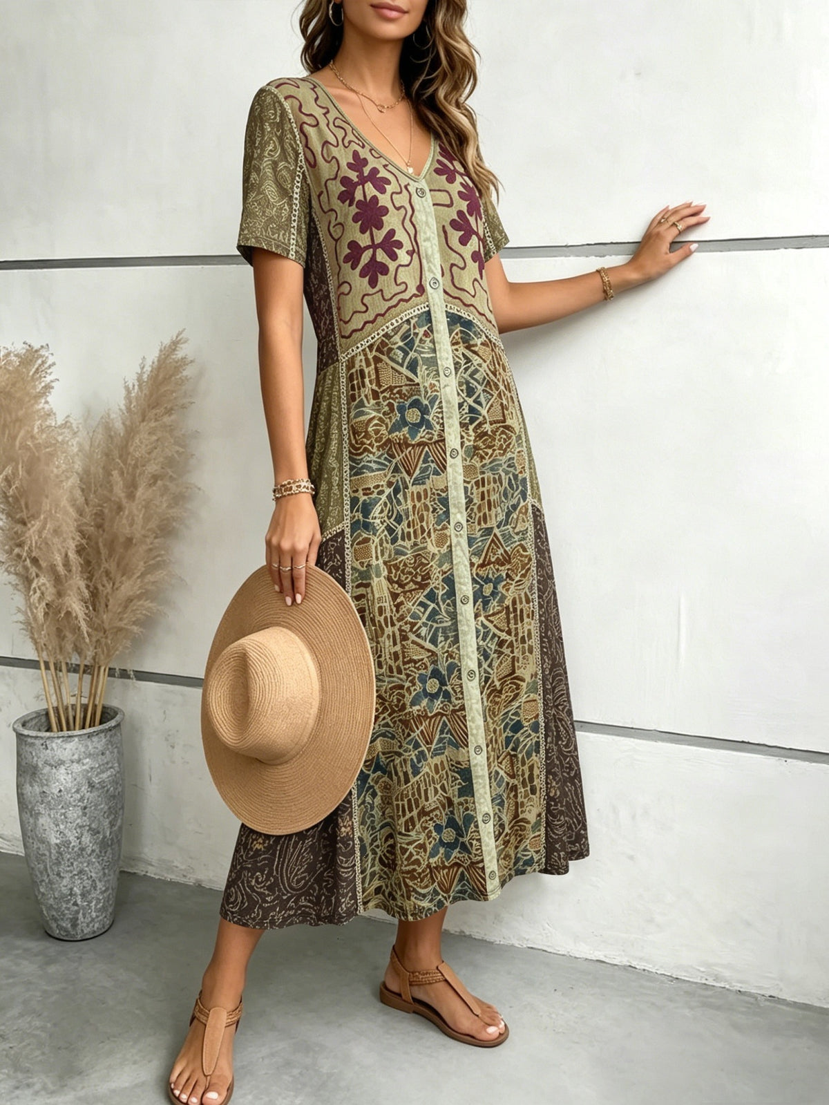 Boho-Kleid mit V-Ausschnitt und Patchwork-Muster – Bild 3 | LuxeStyle