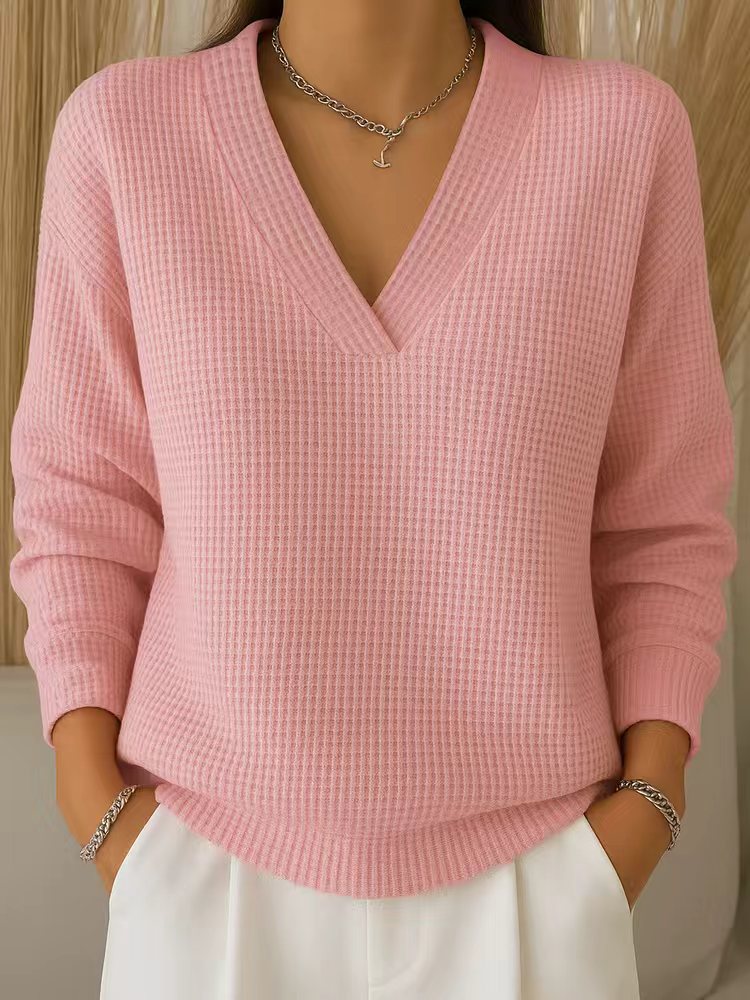 Casual Lockere Einheitsfarben Waffle-Langarm-Pullover