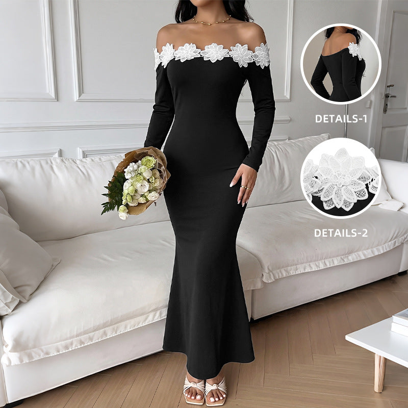 Elegantes Off-Shoulder Maxikleid mit Blumen-Patchwork