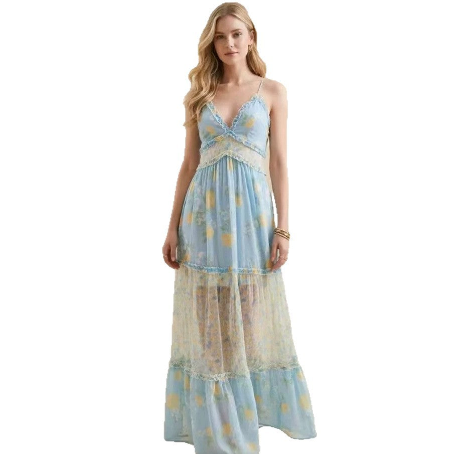 Geblümtes Chiffonkleid mit V-Ausschnitt