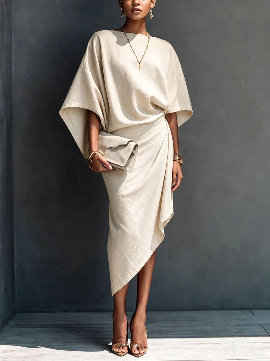 Weiten-sitzendes Batwing-Midi-Rockkleid asymmetrisch