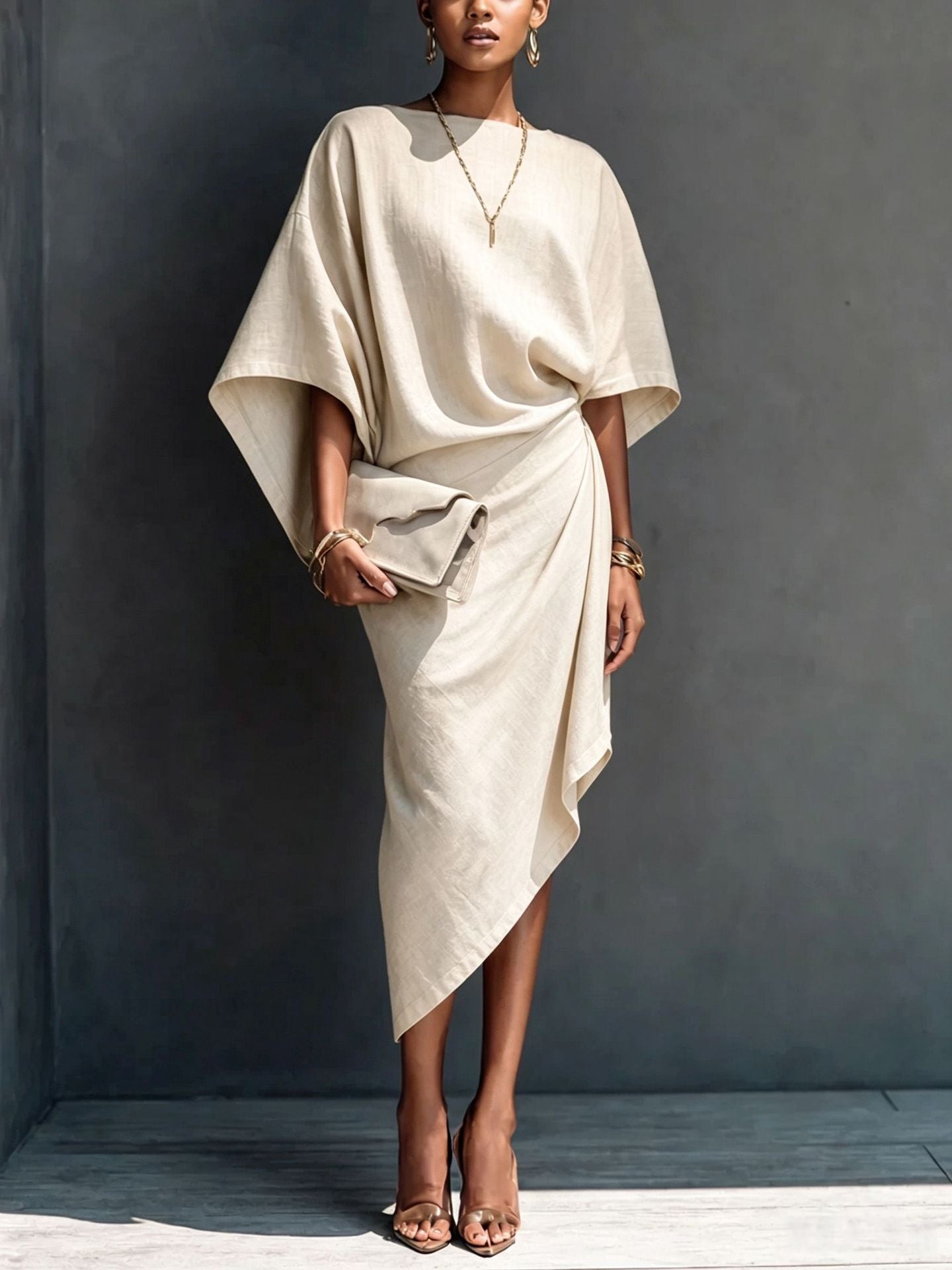 Weiten-sitzendes Batwing-Midi-Rockkleid asymmetrisch