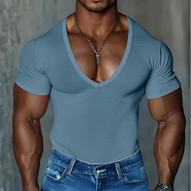 Herren V-Ausschnitt T-Shirt Slim Fit Einfarbig Casual