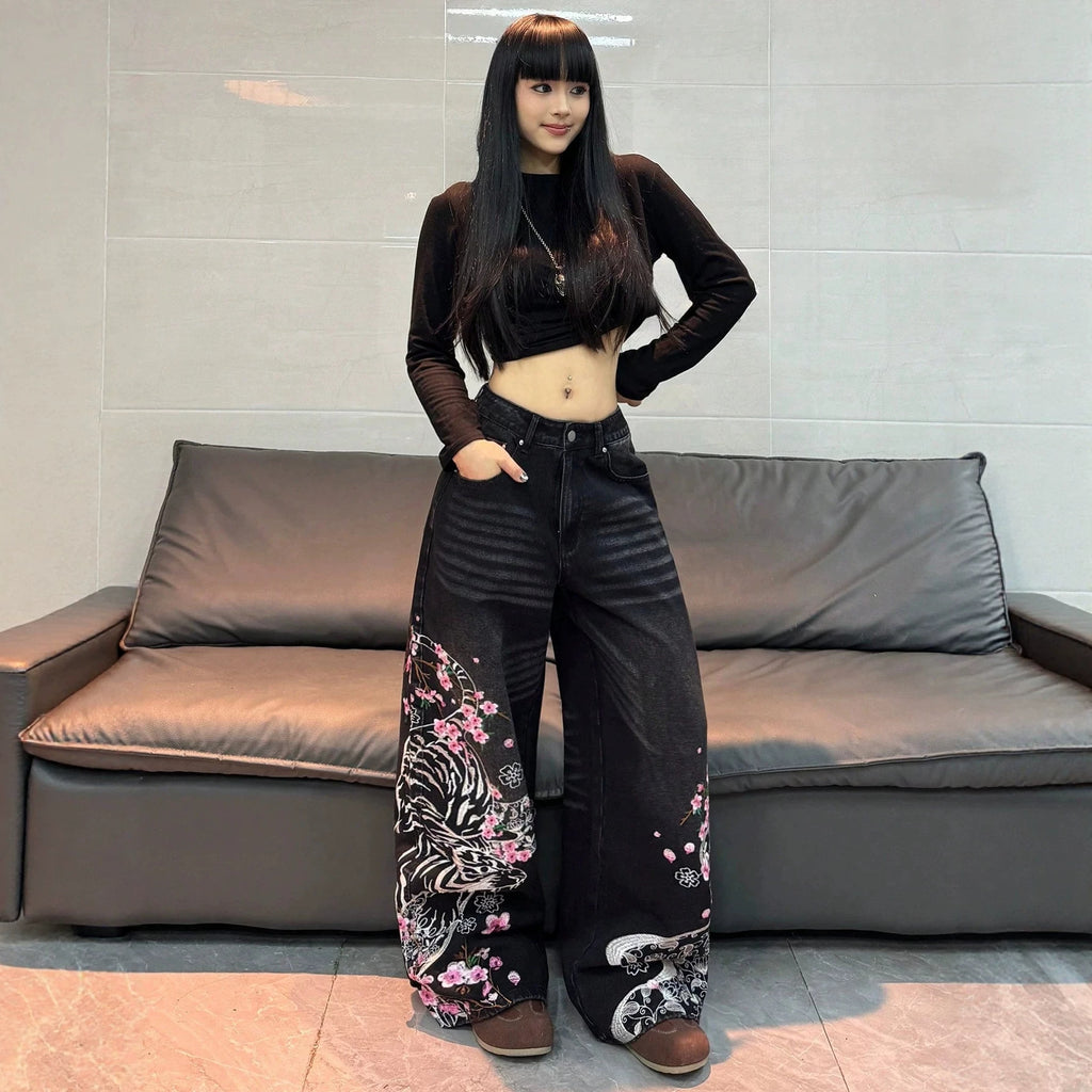 Weißer Tiger-Druck Bequem-Jeans Damen
