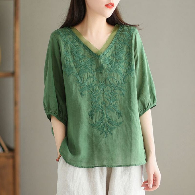 Besticktes Leinen-Baumwoll-Shirt