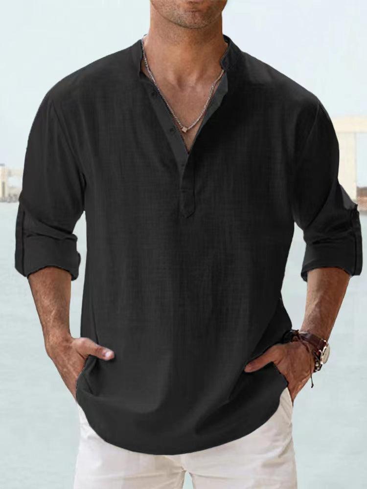 Männer-Linen-Long-Sleeve-Top mit Stand-Up-Hals – Bild 18 | LuxeStyle
