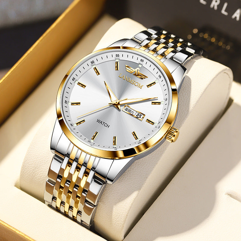 Schlankes Business Armband mit Doppeldatum, wasserdicht und automatisc