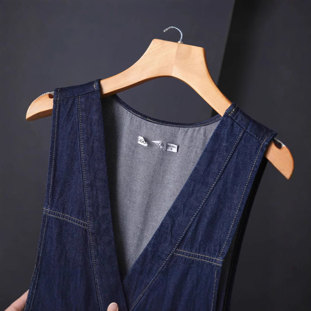 Denim-V-Neck Vestkleid im Jap/Kor-Stil
