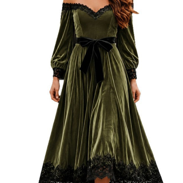 Samt-Maxikleid mit Spitze und langen Ärmeln – Bild 5 | LuxeStyle