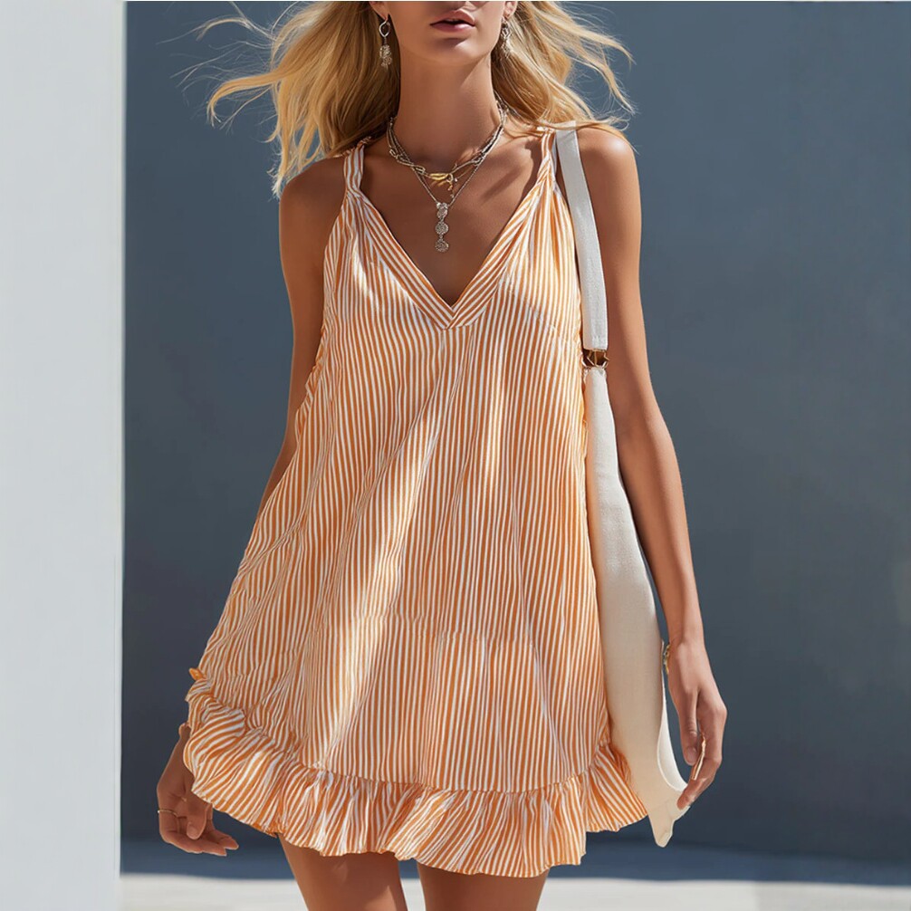 Gestreiftes ärmelloses Mini-Kleid mit V-Ausschnitt – Bild 2 | LuxeStyle