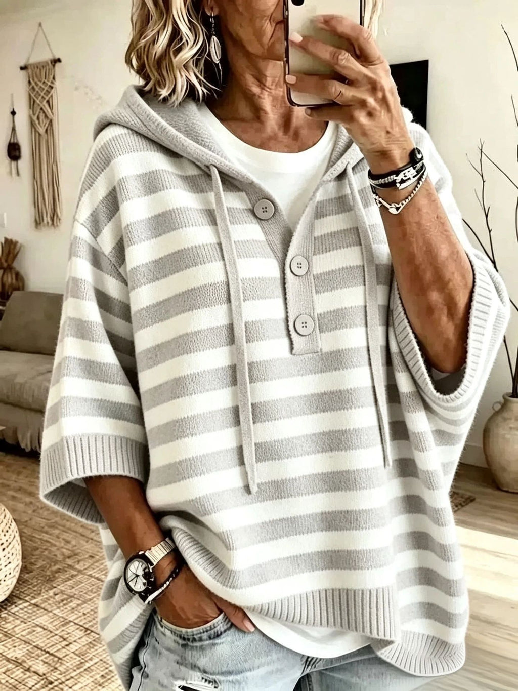 Kapuzen-Strickpullover mit Kordelzug