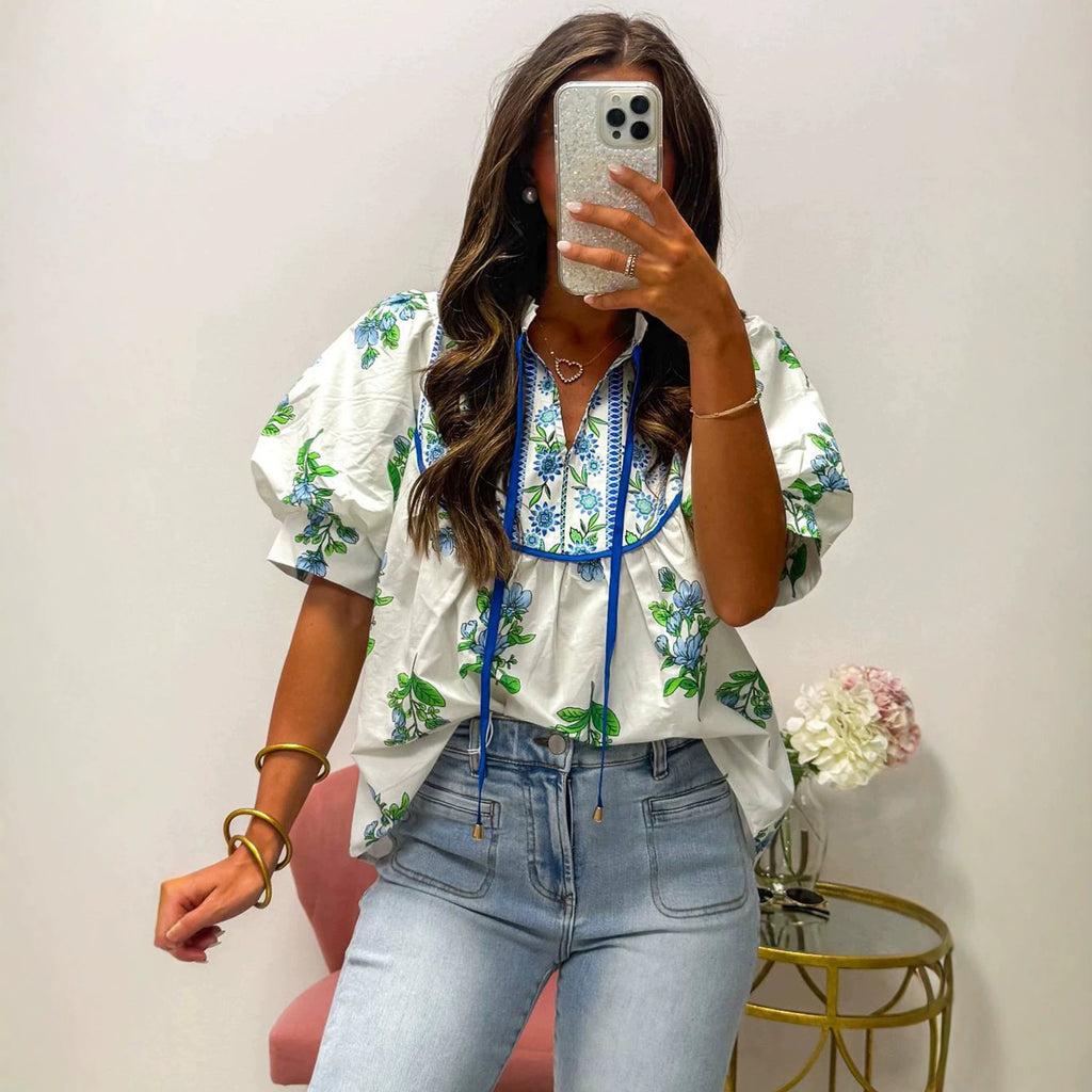 Elegante Bluse mit Laternenärmeln und Blumenmuster