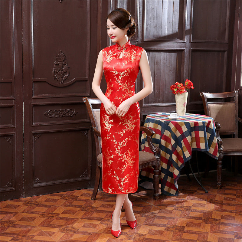 Cheongsam-Kleid aus Brokatsatin mit Dreiviertelarm | LuxeStyle