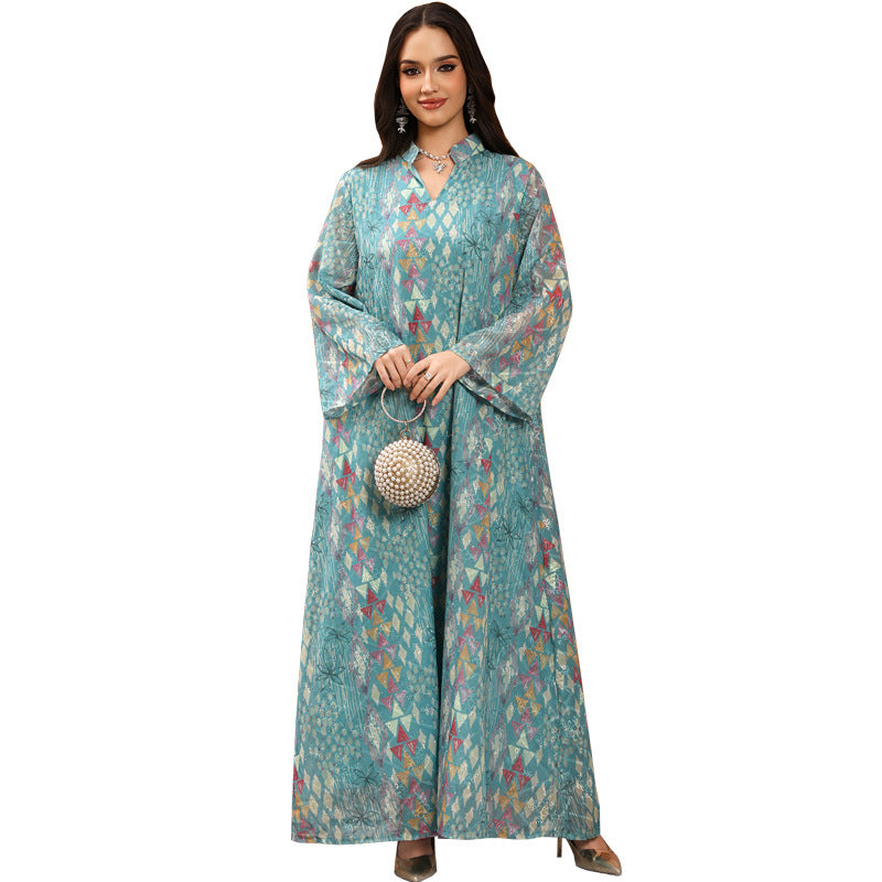 Besticktes Langarm-Freizeitkleid mit Print