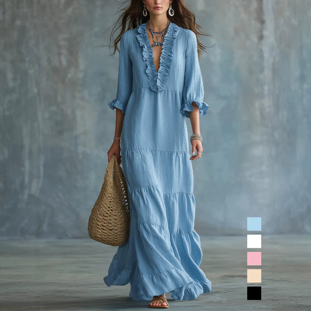 V-Ausschnitt Maxi-Kleid mit Rüschensaum – Bild 2 | LuxeStyle