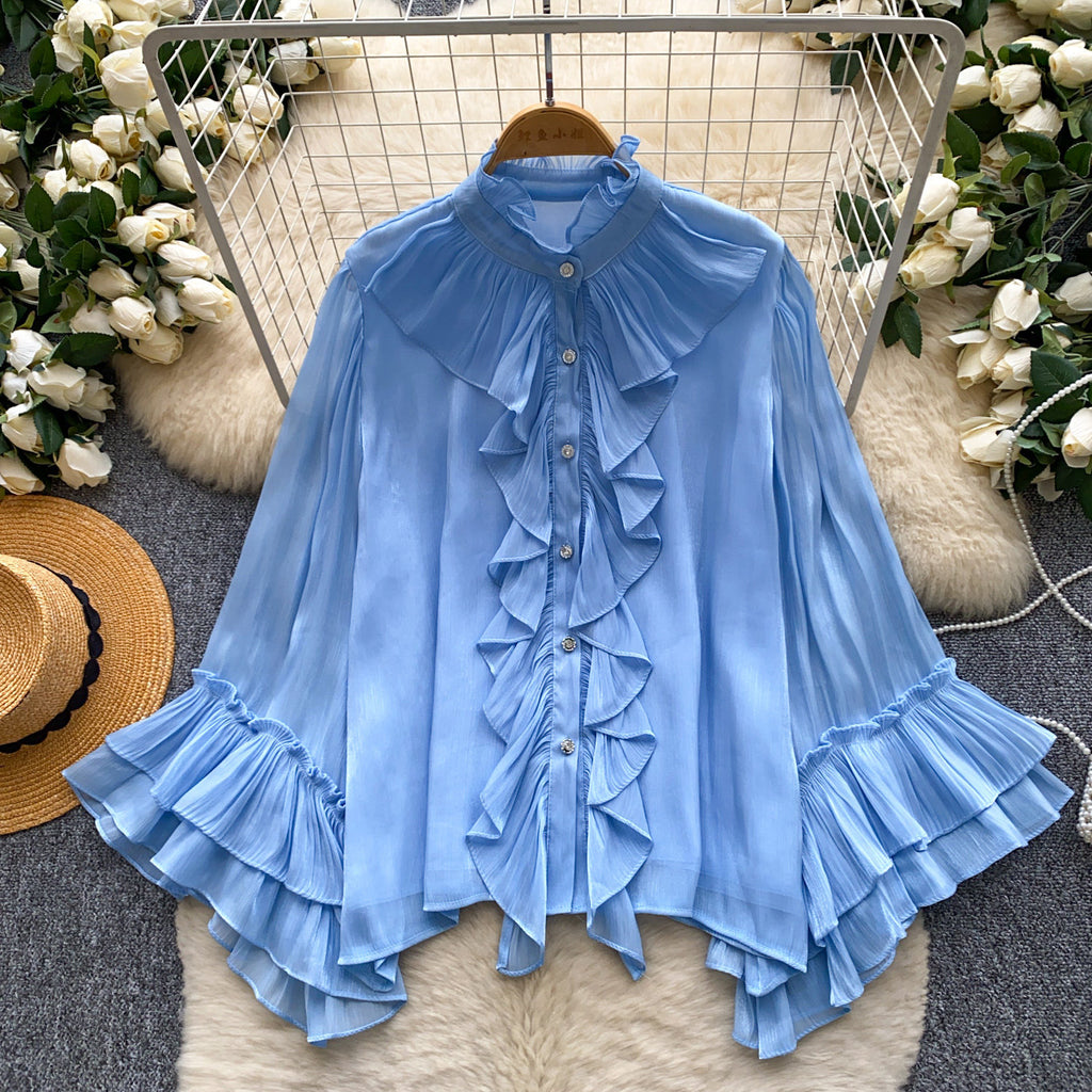 Unifarbene Bluse mit Rüschensaum
