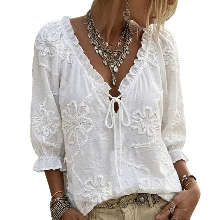 Besticktes Jacquard V-Neck Top mit Rüschen