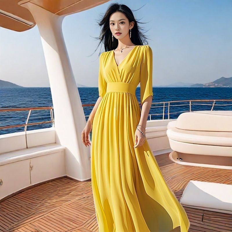 Gelbes Chiffonkleid mit V-Ausschnitt – Bild 5 | LuxeStyle