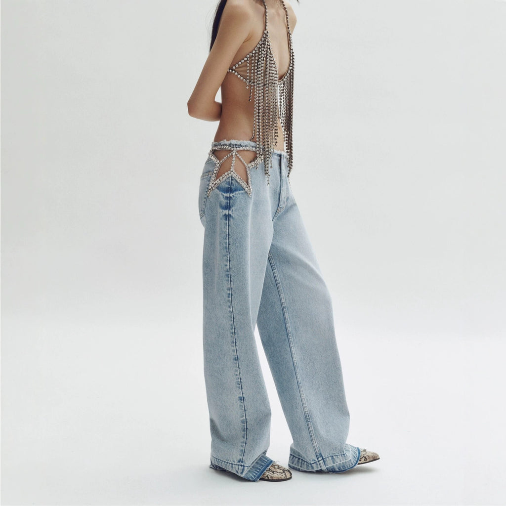Low-Waist Straight-Leg Jeans mit Strass