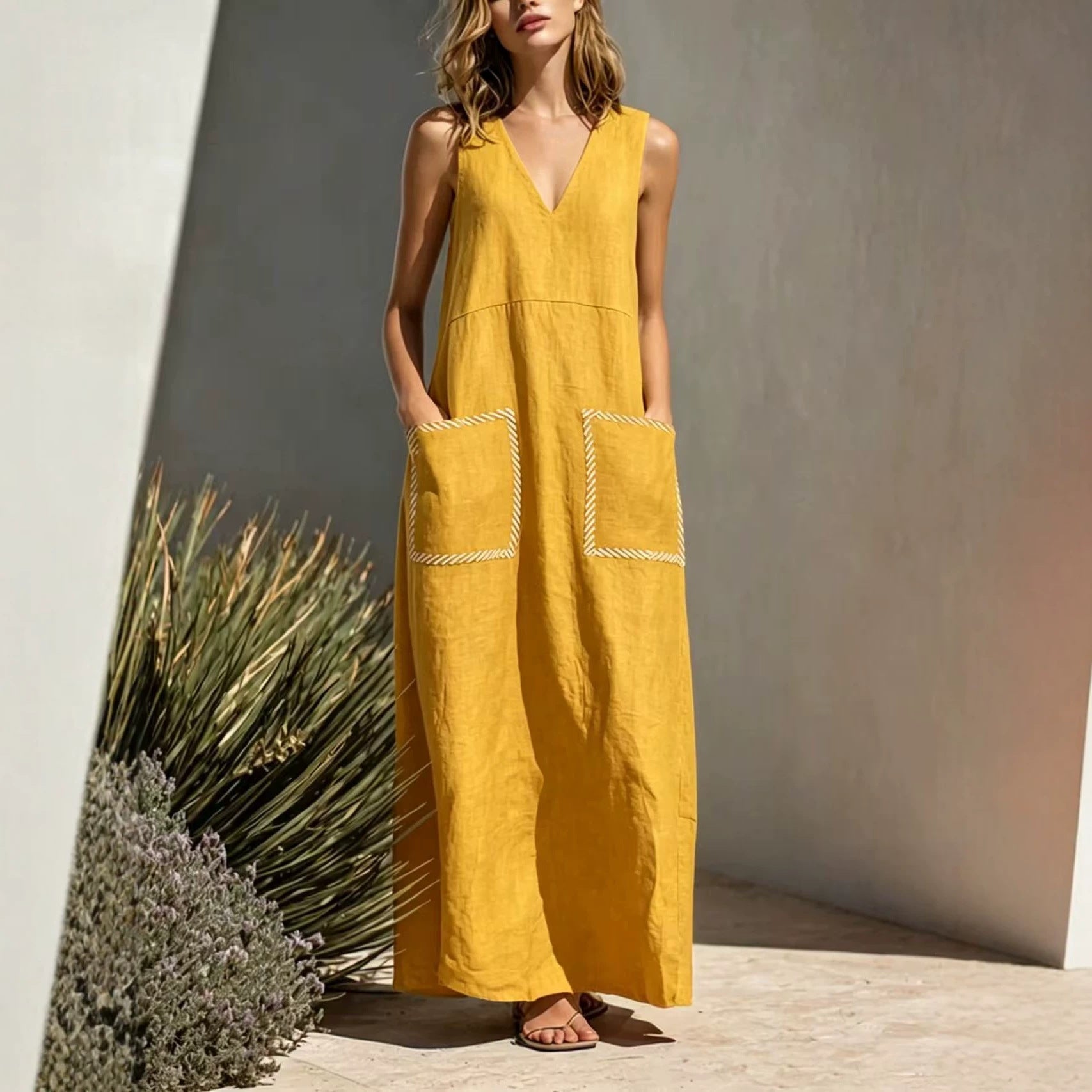 Elegantes ärmelloses V-Ausschnitt-Kleid mit Taschen