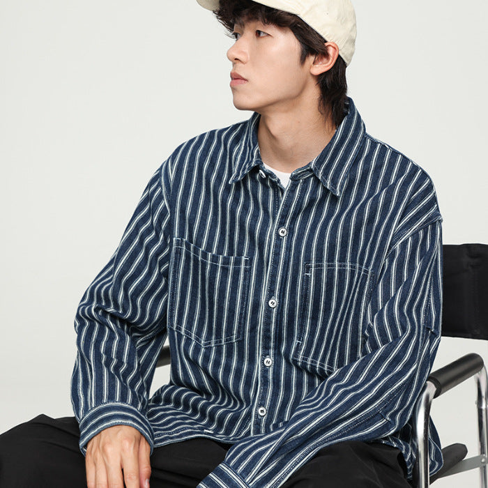 Retro Waschtes gestreiftes Langarm-Denim-Shirt – Bild 6 | LuxeStyle