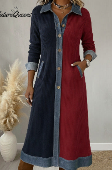Color-Block Denim-Cardigan Maxikleid