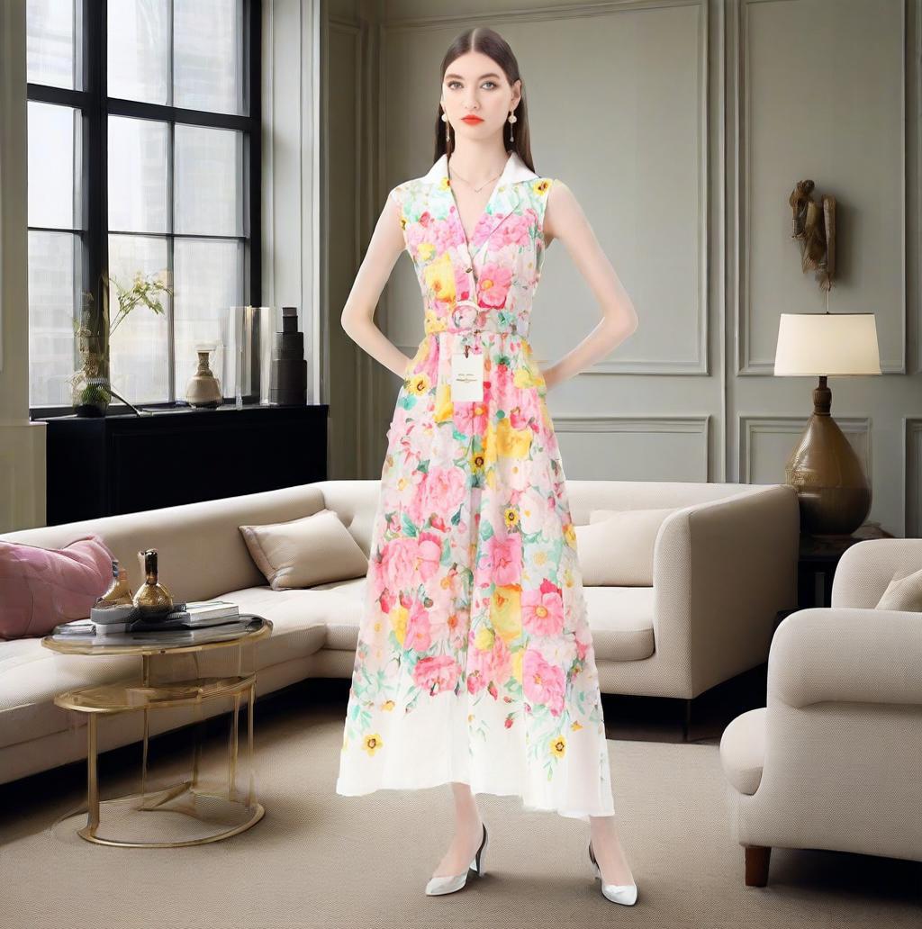 Ärmelloses Maxi-Kleid mit Spitze und Blumenprint