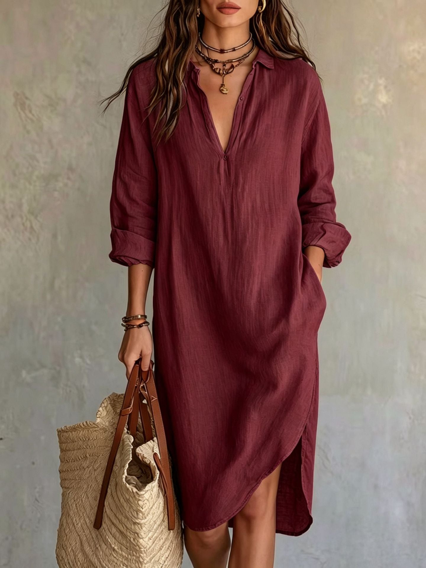 Leinen-Bluse Kleid mit Schlitz