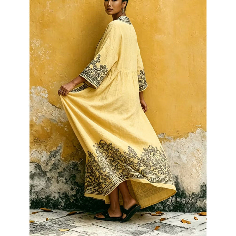 Langes Vintage Leinenkleid mit Print
