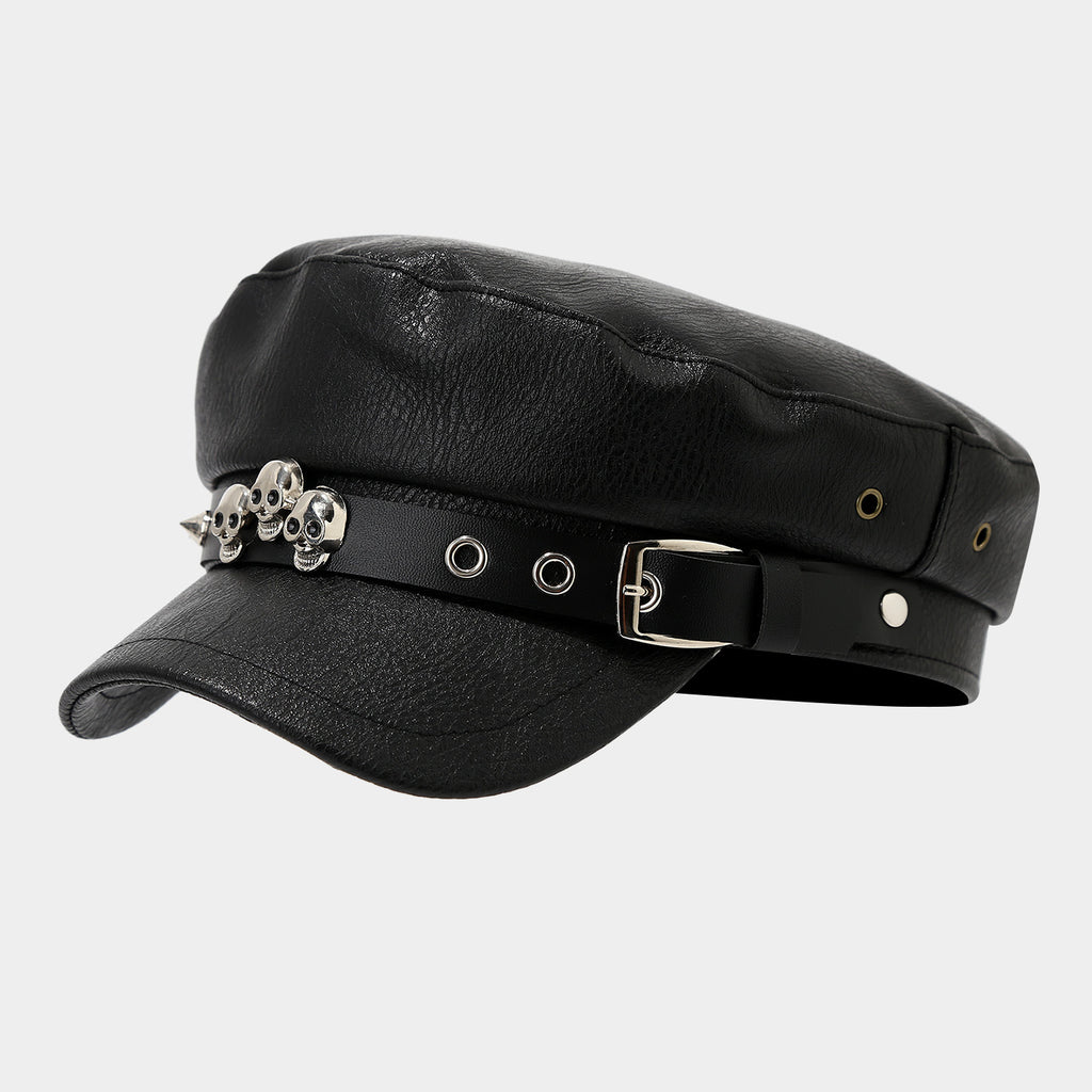PU-Leder Newsboy Cap mit Totenkopf-Nieten