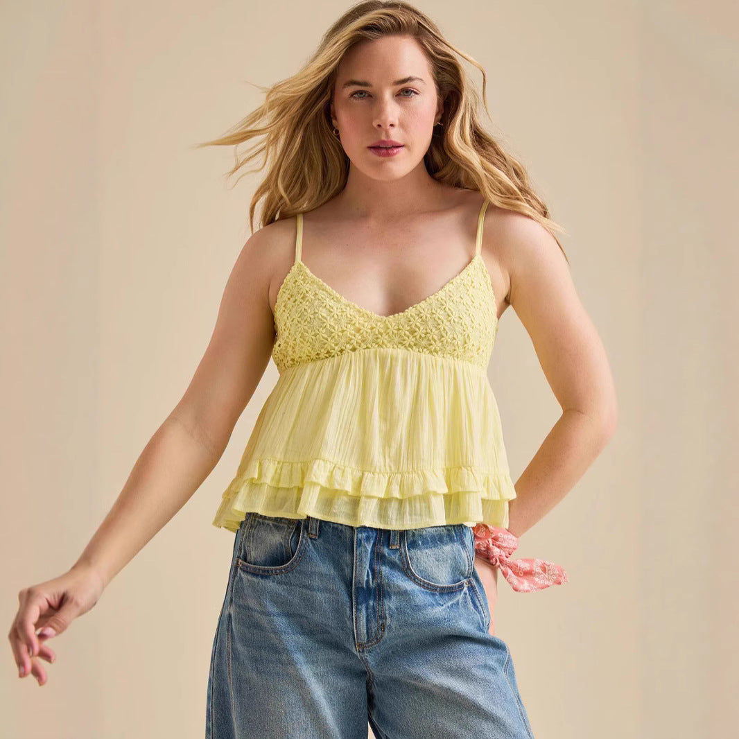 Spitzenbesetztes V-Neck Top