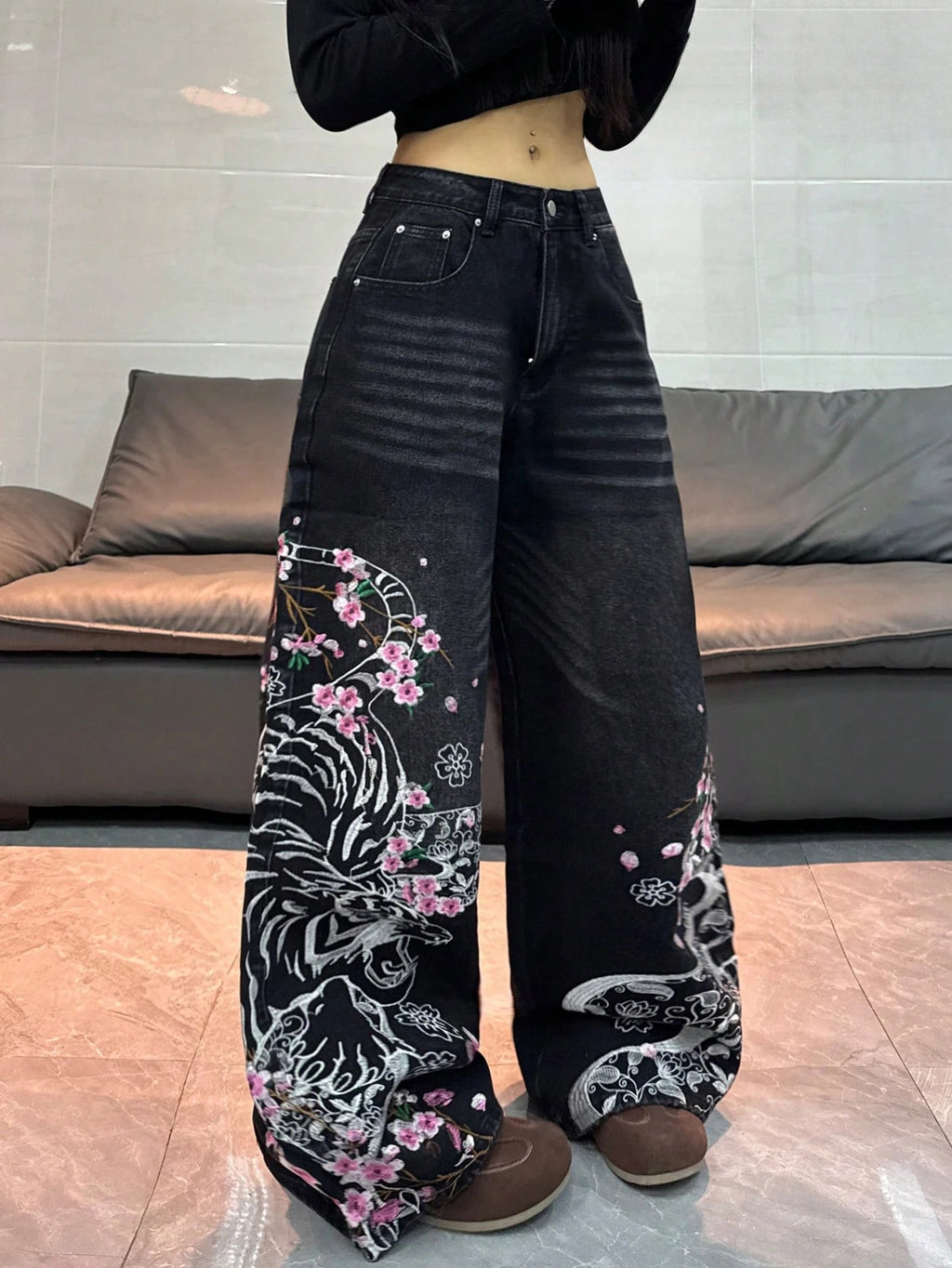 Weißer Tiger-Druck Bequem-Jeans Damen