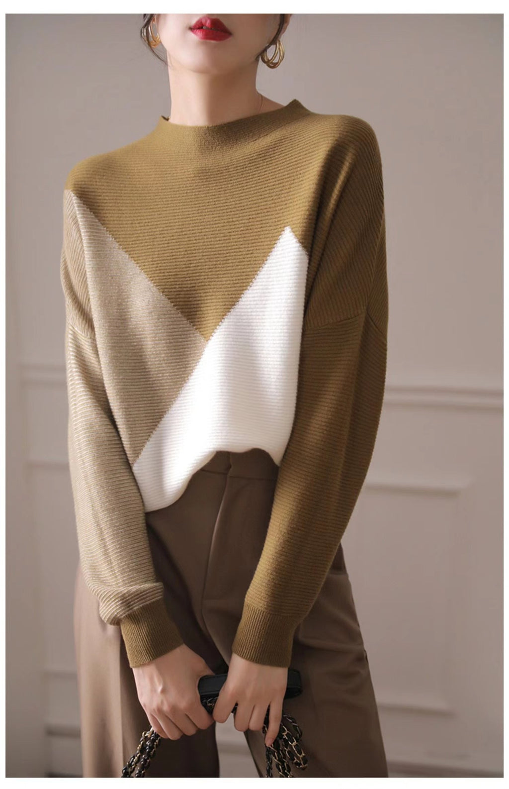 Vielseitiger Farbblock Rollkragenpullover aus Wolle