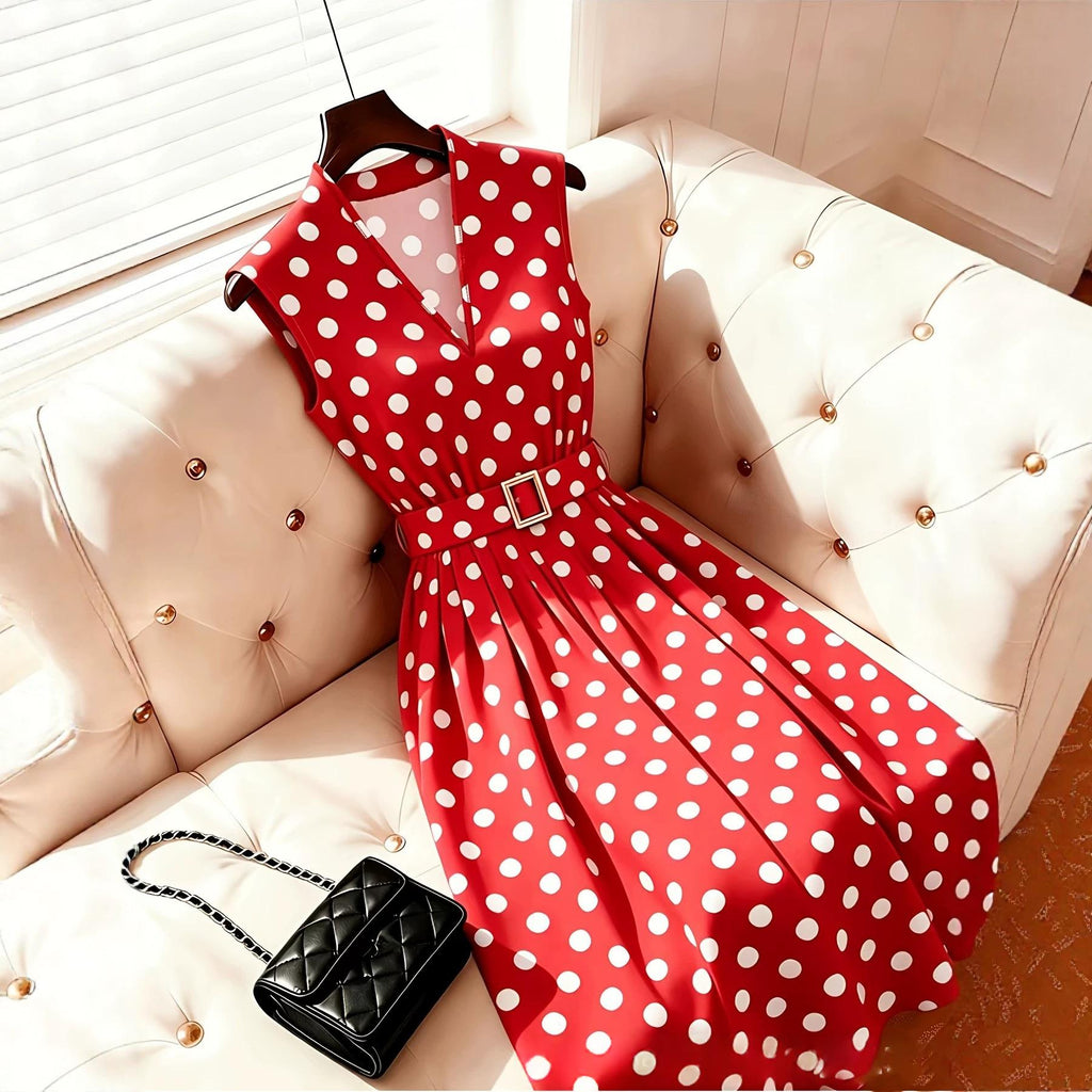 Punktiertes Midi-Kleid mit Gürtel
