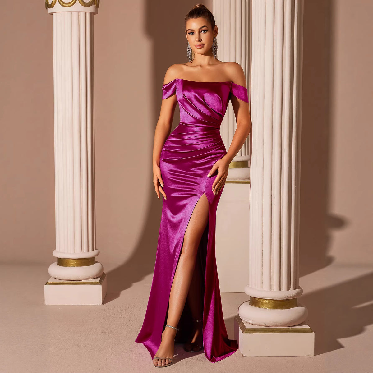 Rosenrotes Satin-Abendkleid mit Off-Shoulder | LuxeStyle