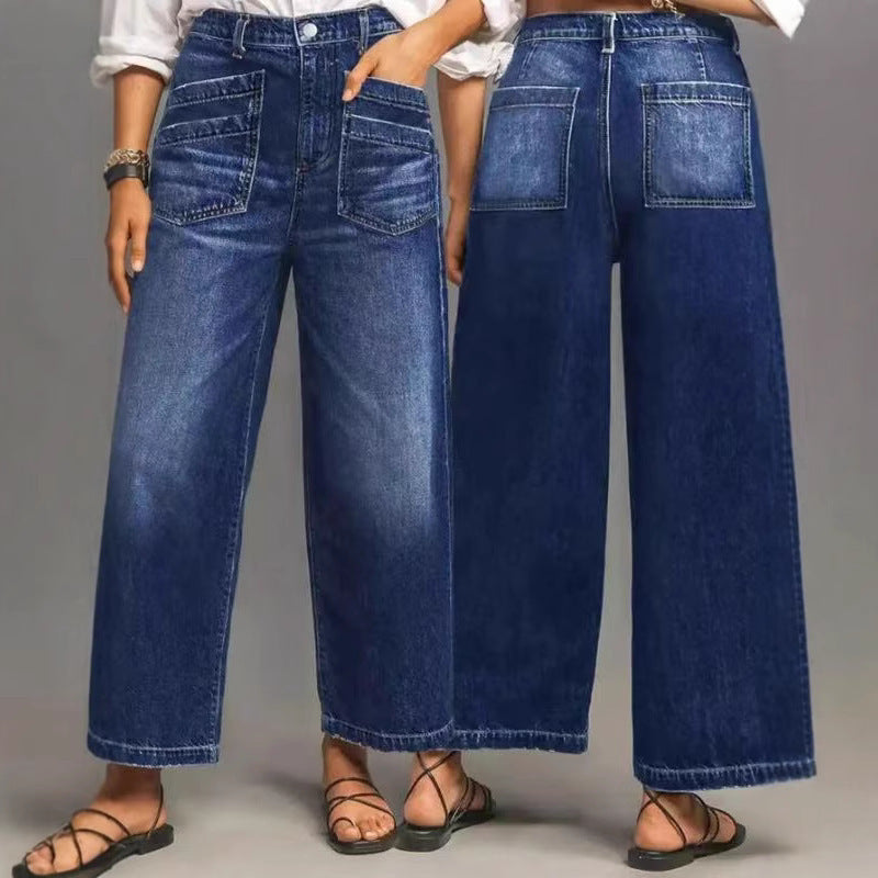 Retro Loose-Fit Wide-Leg Denim Jeans für Damen