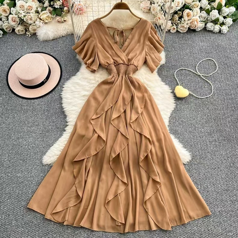Chiffon Maxikleid mit V-Ausschnitt und Volants