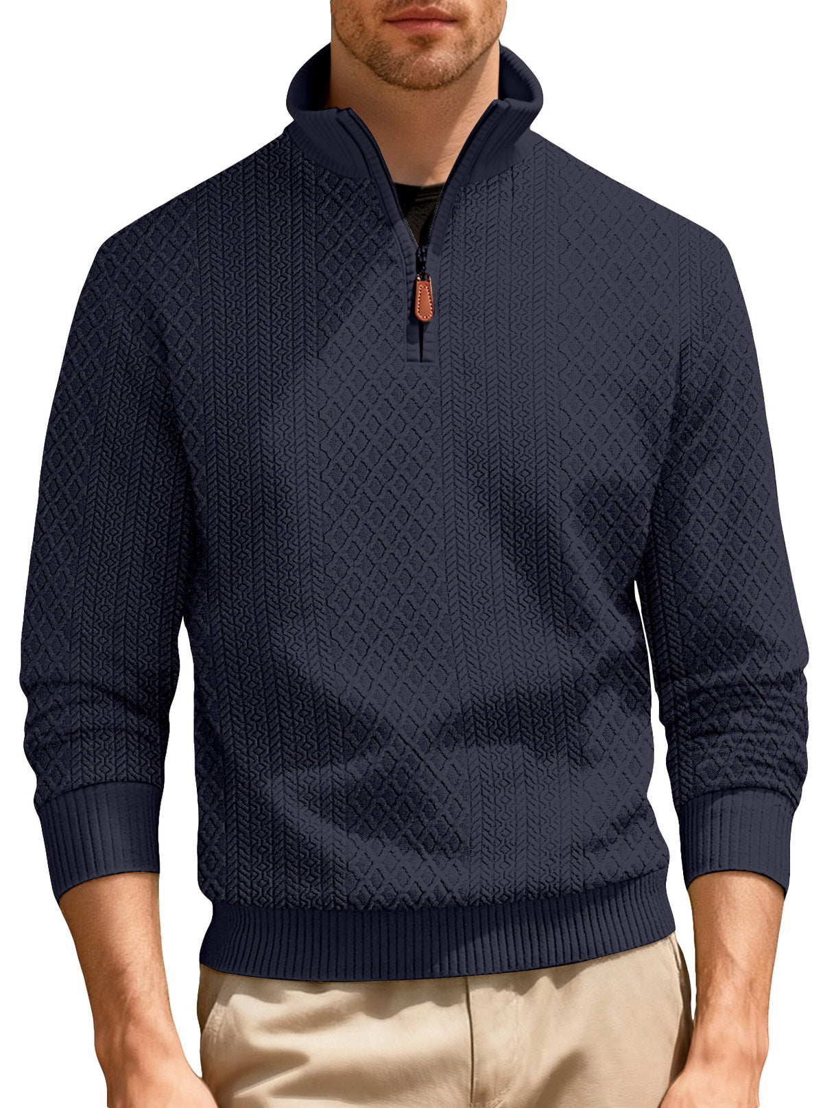 Männliches Sporttop mit Stehkragen, Reissverschluss, Langarm | LuxeStyle