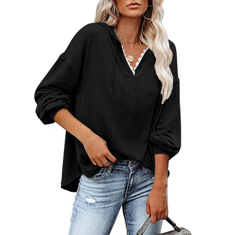 Kapuzen-Sweatshirt mit V-Ausschnitt und Spitze