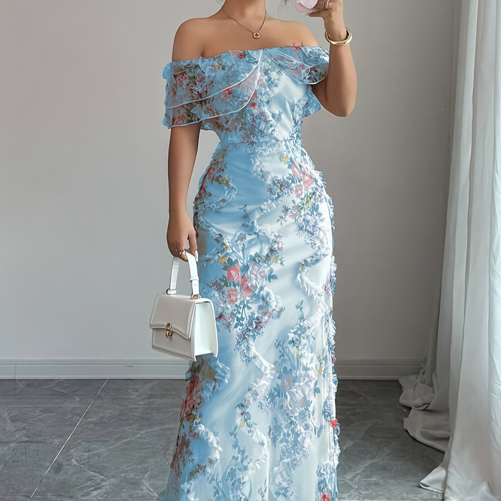 Elegantes Off-Shoulder Strickkleid mit Blumenprint – Bild 6 | LuxeStyle