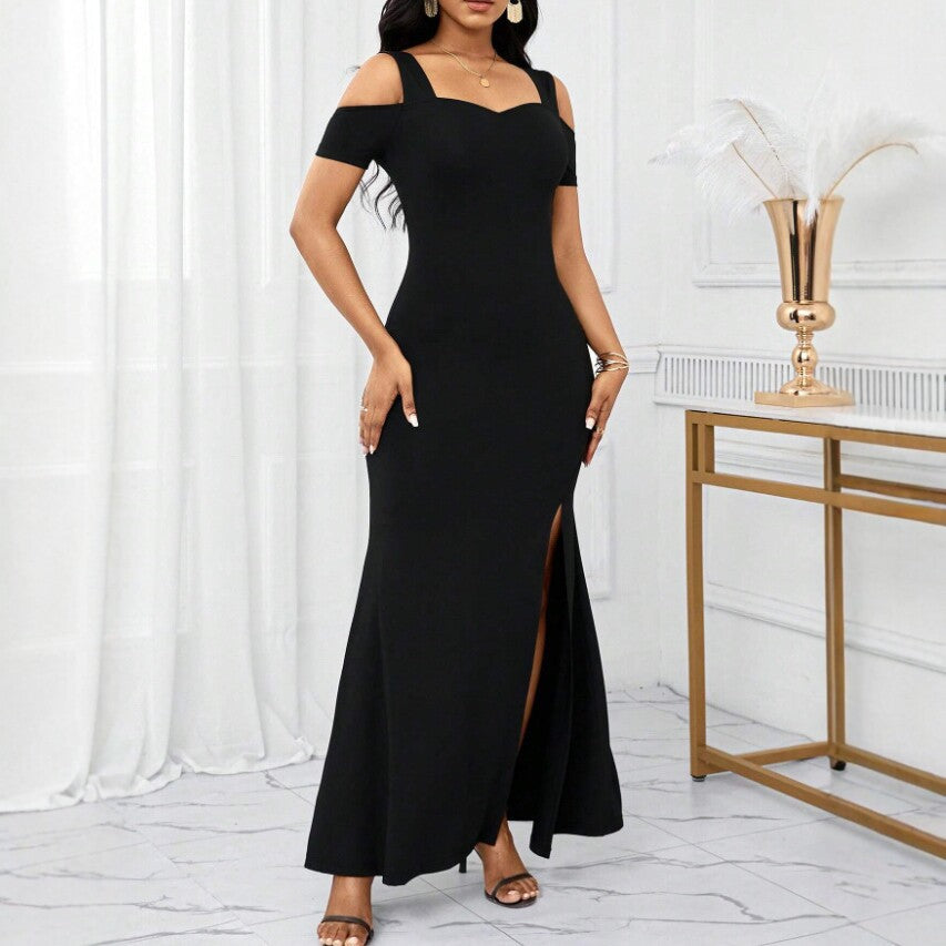 Elegantes Off-Shoulder Schlitzkleid Schwarz – Bild 2 | LuxeStyle