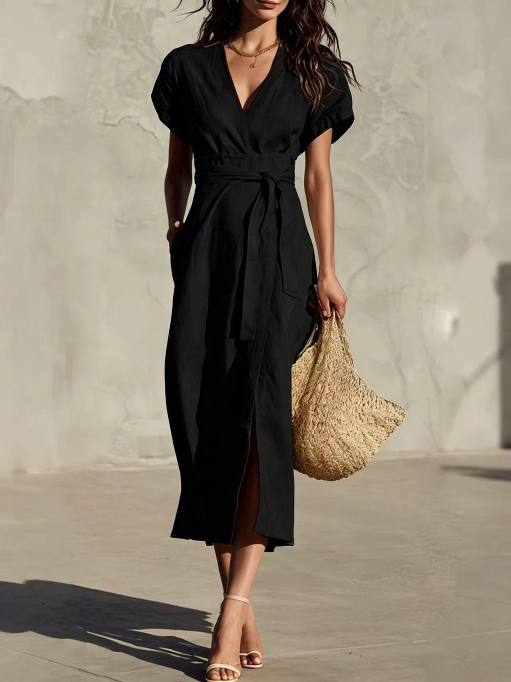 Midi-Kleid mit V-Ausschnitt & Taschen – Bild 7 | LuxeStyle