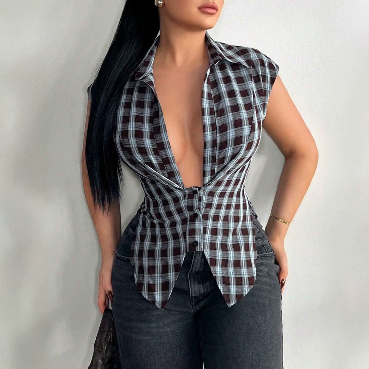 Chices Retro-Top mit Hahnentrittmuster
