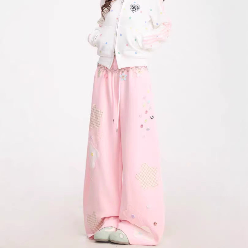 Retro Patchwork Plaid Wide Leg Pants