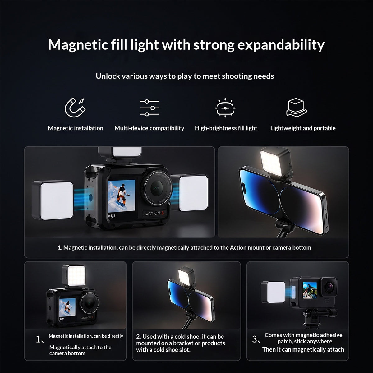 Magnetische Kaltlicht‑Fülllampe für Action‑Kamera – Bild 2 | LuxeStyle
